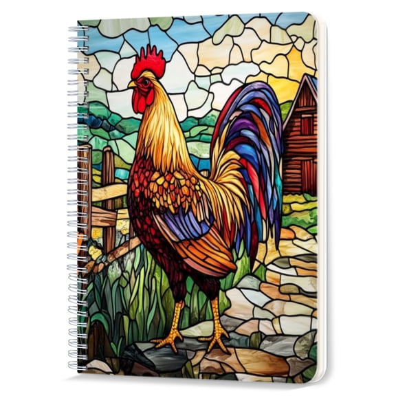 Spiral Notebook,Double-Wire Spiral College Lined Journal Notebook for Study and Notes,100 Pages,5.71x 8.26 in - Rooster in a Village - themed Stained - glass Setting
