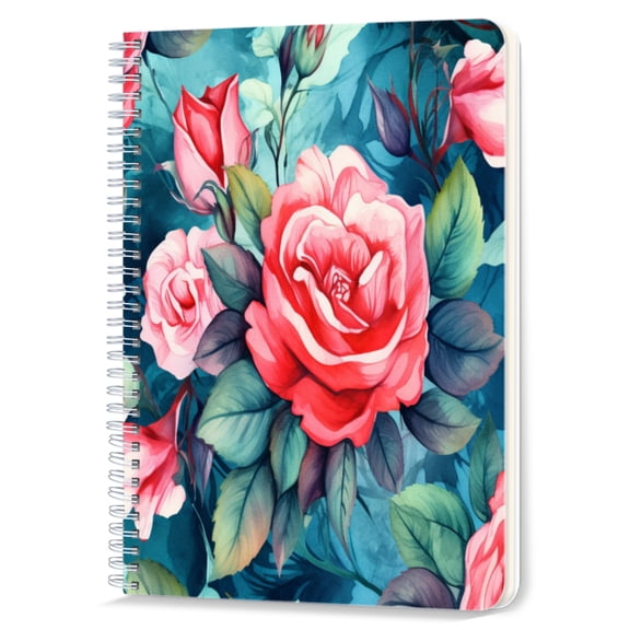 Spiral Notebook,Double-Wire Spiral College Lined Journal Notebook for Study and Notes,100 Pages,5.71x 8.26 in - Roses and Leaves on a Teal - colored Background