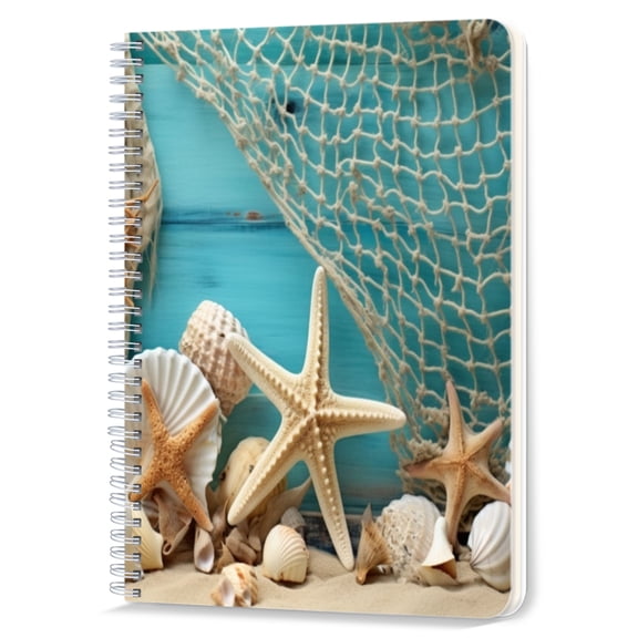 Spiral Notebook,Double-Wire Spiral College Lined Journal Notebook for Study and Notes,100 Pages,5.71x 8.26 in - Seashells and Starfish on Sandy Beach with Fishing Net