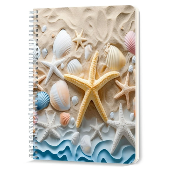 Spiral Notebook,Double-Wire Spiral College Lined Journal Notebook for Study and Notes,100 Pages,5.71x 8.26 in - Seashells and Starfish on a Sandy Beach