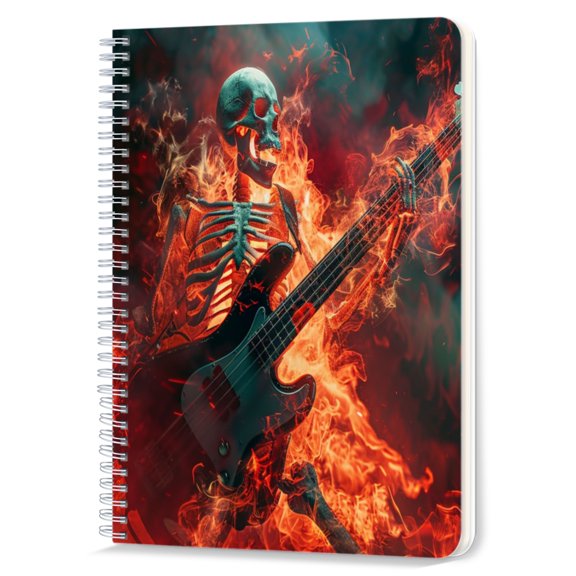 Spiral Notebook,Double-Wire Spiral College Lined Journal Notebook for Study and Notes,100 Pages,5.71x 8.26 in - Skeleton Playing Bass Guitar amidst Flames