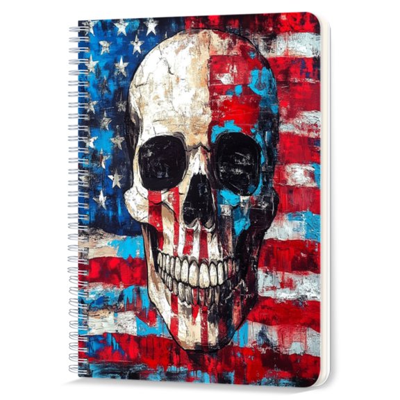 Spiral Notebook,Double-Wire Spiral College Lined Journal Notebook for Study and Notes,100 Pages,5.71x 8.26 in - Skull against the American Flag in a Rough Style