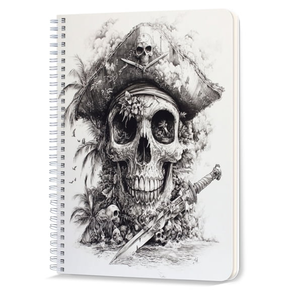 Spiral Notebook,Double-Wire Spiral College Lined Journal Notebook for Study and Notes,100 Pages,5.71x 8.26 in - Skull in a Pirate Hat in a Black - and - White Illustration