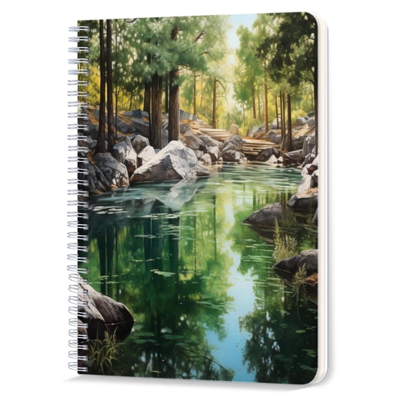 Spiral Notebook,Double-Wire Spiral College Lined Journal Notebook for Study and Notes,100 Pages,5.71x 8.26 in - Small Spring Forest Distant Mountain Picture creative