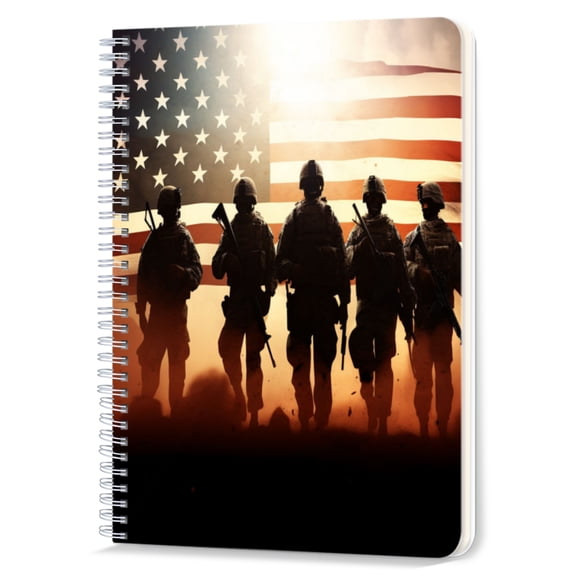Spiral Notebook,Double-Wire Spiral College Lined Journal Notebook for Study and Notes,100 Pages,5.71x 8.26 in - Soldiers' Silhouettes against the American Flag