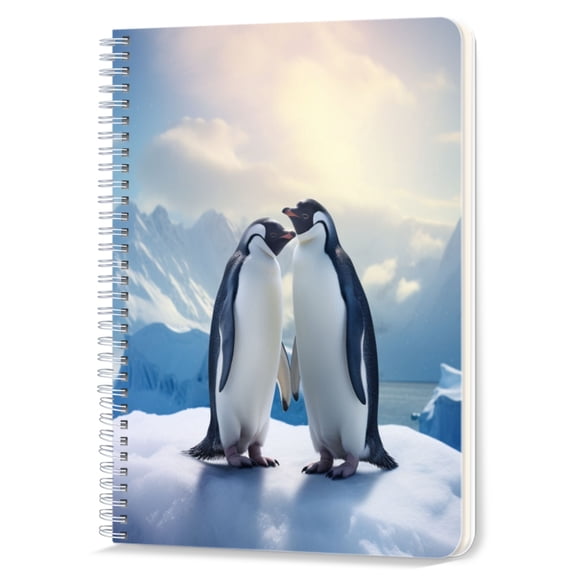Spiral Notebook,Double-Wire Spiral College Lined Journal Notebook for Study and Notes,100 Pages,5.71x 8.26 in - Two Penguins on an Icy Landscape with Snowy Mountains