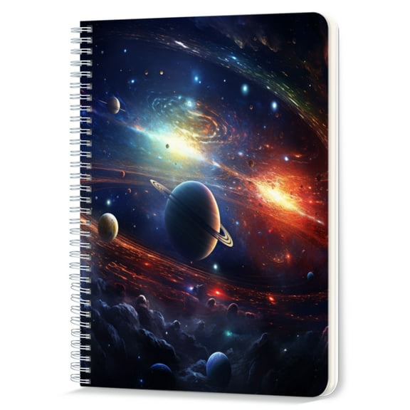 Spiral Notebook,Double-Wire Spiral College Lined Journal Notebook for Study and Notes,100 Pages,5.71x 8.26 in - Spectacular Cosmic Galaxy with Multiple Planets