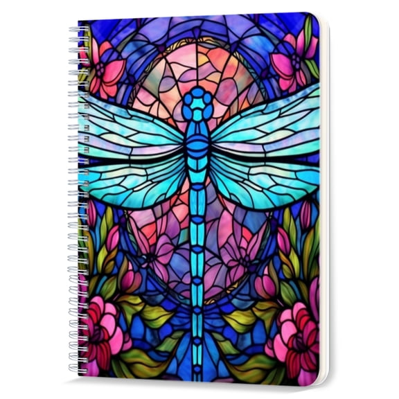 Spiral Notebook,Double-Wire Spiral College Lined Journal Notebook for Study and Notes,100 Pages,5.71x 8.26 in - Stained - glass Style Pattern of a Blue Dragonfly
