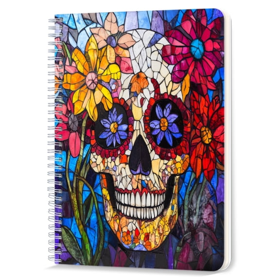 Spiral Notebook,Double-Wire Spiral College Lined Journal Notebook for Study and Notes,100 Pages,5.71x 8.26 in - Stained - glass style painting of a flower - adorned skull
