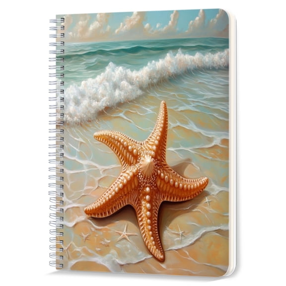 Spiral Notebook,Double-Wire Spiral College Lined Journal Notebook for Study and Notes,100 Pages,5.71x 8.26 in - Starfish on Sandy Beach with Gentle Waves