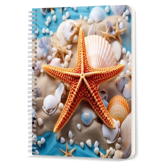 Spiral Notebook,Double-Wire Spiral College Lined Journal Notebook for Study and Notes,100 Pages,5.71x 8.26 in - Starfish and Seashells on Sandy Beach with Blue Accents