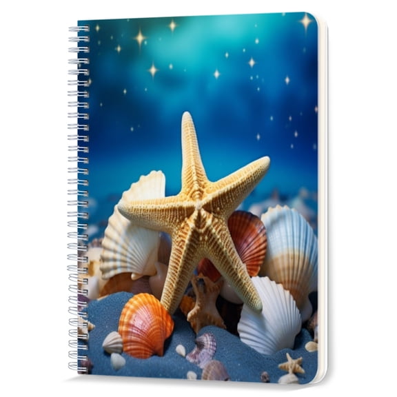 Spiral Notebook,Double-Wire Spiral College Lined Journal Notebook for Study and Notes,100 Pages,5.71x 8.26 in - Starfish and Seashells on Sandy Beach with Blue Glow