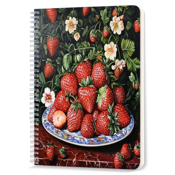 Spiral Notebook,Double-Wire Spiral College Lined Journal Notebook for Study and Notes,100 Pages,5.71x 8.26 in - Still Life with Strawberries, Plants and Flowers