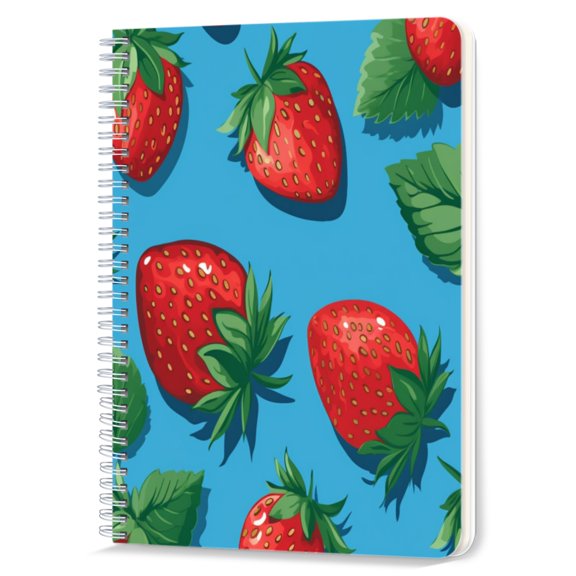 Spiral Notebook,Double-Wire Spiral College Lined Journal Notebook for Study and Notes,100 Pages,5.71x 8.26 in - Strawberry Pattern on a Blue Background