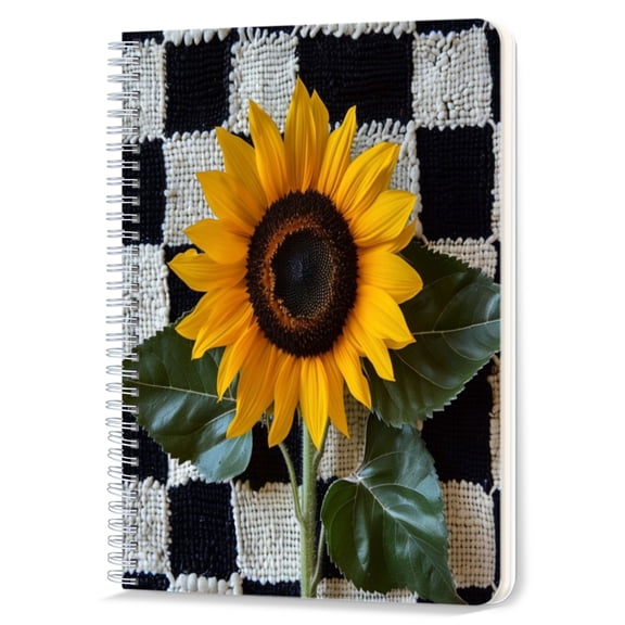 Spiral Notebook,Double-Wire Spiral College Lined Journal Notebook for Study and Notes,100 Pages,5.71x 8.26 in - Sunflower Against a Black and White Checkered Fabric