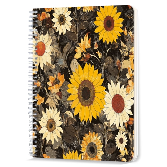 Spiral Notebook,Double-Wire Spiral College Lined Journal Notebook for Study and Notes,100 Pages,5.71x 8.26 in - Sunflower and Floral Pattern on a Black Background