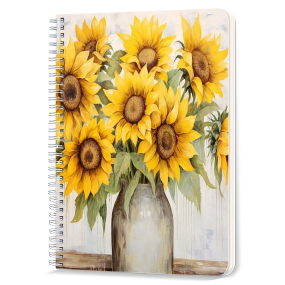 Spiral Notebook,Double-Wire Spiral College Lined Journal Notebook for Study and Notes,100 Pages,5.71x 8.26 in - Sunflowers in a Gray Vase A Warm - hued Oil Painting