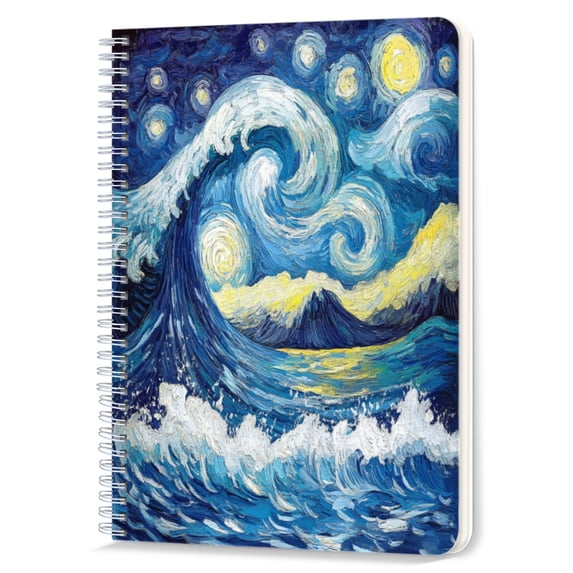 Spiral Notebook,Double-Wire Spiral College Lined Journal Notebook for Study and Notes,100 Pages,5.71x 8.26 in - Surfing Wave under a Starry Sky in Van Gogh - style