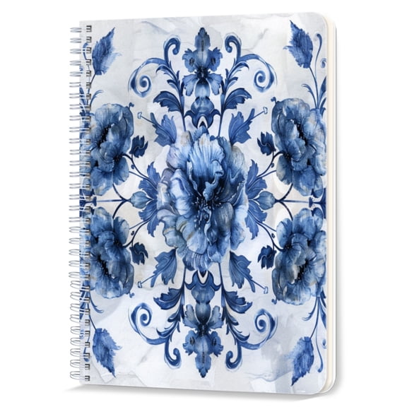 Spiral Notebook,Double-Wire Spiral College Lined Journal Notebook for Study and Notes,100 Pages,5.71x 8.26 in - Symmetrical Blue Floral Motif on a Wrinkled Canvas