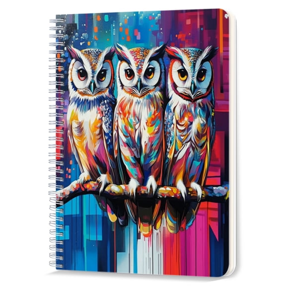 Spiral Notebook,Double-Wire Spiral College Lined Journal Notebook for Study and Notes,100 Pages,5.71x 8.26 in - Three Owls on a Branch in a Colorful Illustration