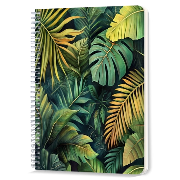 Spiral Notebook,Double-Wire Spiral College Lined Journal Notebook for Study and Notes,100 Pages,5.71x 8.26 in - Tropical Leaves in a Dark - toned Composition