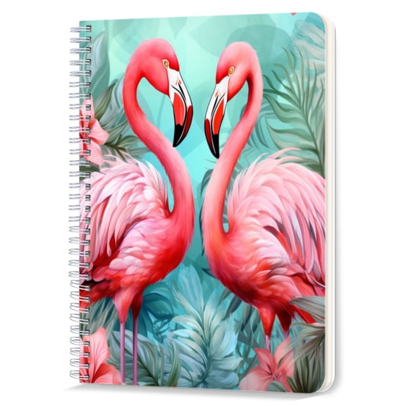 Spiral Notebook,Double-Wire Spiral College Lined Journal Notebook for Study and Notes,100 Pages,5.71x 8.26 in - Two Flamingos amidst Tropical Plants and Flowers