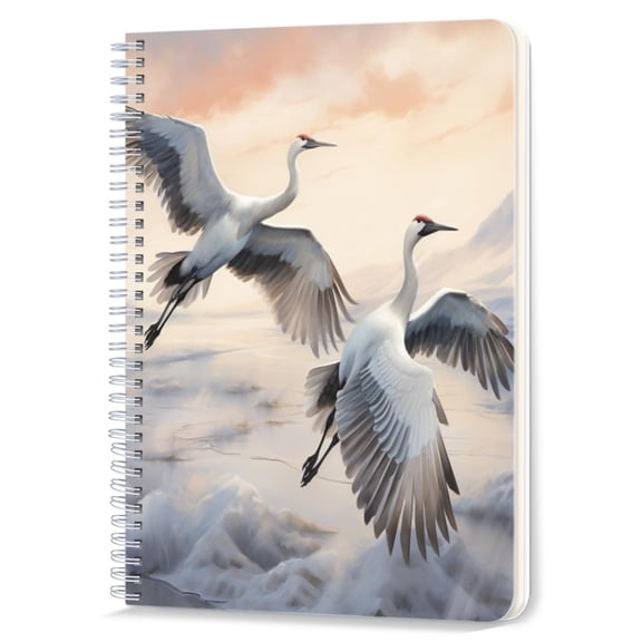 Spiral Notebook,Double-Wire Spiral College Lined Journal Notebook for Study and Notes,100 Pages,5.71x 8.26 in - Two Red - crowned Cranes Flying over Misty Mountains