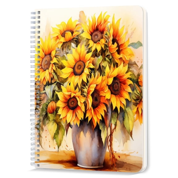 Spiral Notebook,Double-Wire Spiral College Lined Journal Notebook for Study and Notes,100 Pages,5.71x 8.26 in - Vase of Sunflowers in a Watercolor Style