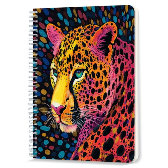 Spiral Notebook,Double-Wire Spiral College Lined Journal Notebook for Study and Notes,100 Pages,5.71x 8.26 in - Vibrant Leopard Portrait with Colorful Dots