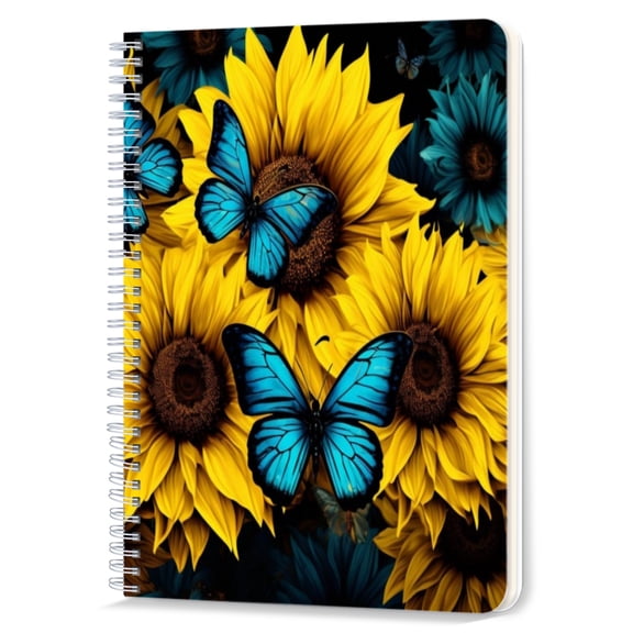 Spiral Notebook,Double-Wire Spiral College Lined Journal Notebook for Study and Notes,100 Pages,5.71x 8.26 in - Vibrant Pattern of Sunflowers and Blue Butterflies