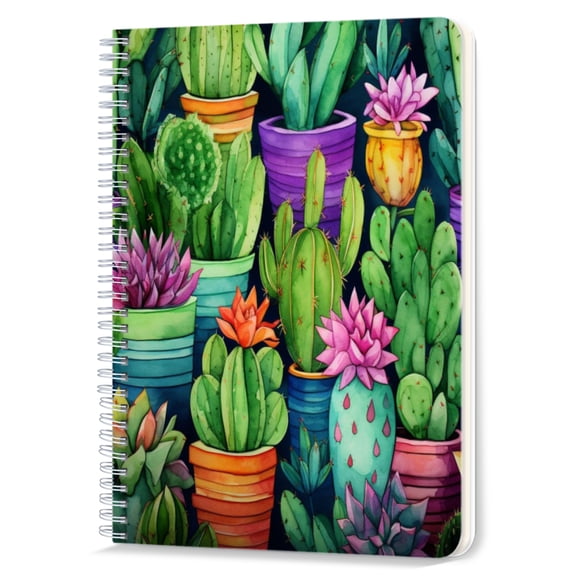 Spiral Notebook,Double-Wire Spiral College Lined Journal Notebook for Study and Notes,100 Pages,5.71x 8.26 in - Watercolor Cacti in Various Colored Pots