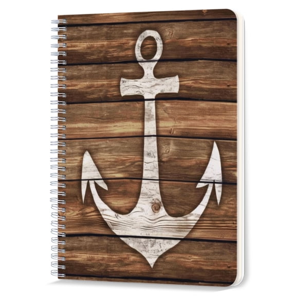 Spiral Notebook,Double-Wire Spiral College Lined Journal Notebook for Study and Notes,100 Pages,5.71x 8.26 in - White Anchor on a Dark Wood - grain Background