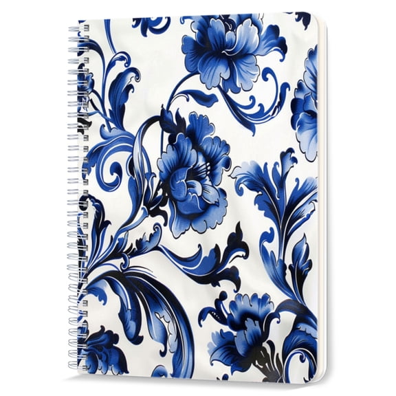 Spiral Notebook,Double-Wire Spiral College Lined Journal Notebook for Study and Notes,100 Pages,5.71x 8.26 in - White Base with Lush Blue Floral Tendrils