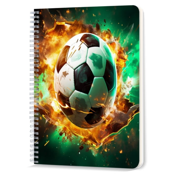 Spiral Notebook Double-Wire Spiral College Lined Journal Notebook for Study and Notes,100 Pages,5.71x 8.26in - Soccer Ball Enveloped in Flames with Green Light Effects