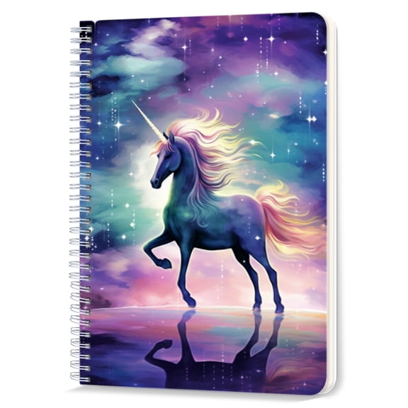 Spiral Notebook Double-Wire Spiral College Lined Journal Notebook for Study and Notes,100 Pages,5.71x 8.26in - Unicorn in A Starry and Cloudy Background