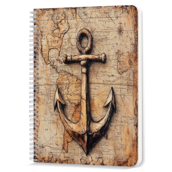 Spiral Notebook,Double-Wire Spiral College Lined Journal Notebook for Study and Notes,100 Pages,5.71x 8.26 in - Anchor on a Worn - out World Map