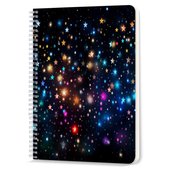 Spiral Notebook,Double-Wire Spiral College Lined Journal Notebook for Study and Notes,100 Pages,5.71x 8.26 in - Colorful Stars on a Black Background