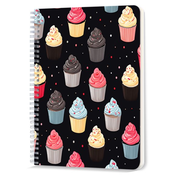 Spiral Notebook,Double-Wire Spiral College Lined Journal Notebook for Study and Notes,100 Pages,5.71x 8.26 in - Cupcake Pattern on a Black Background