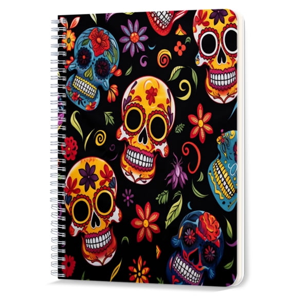 Spiral Notebook,Double-Wire Spiral College Lined Journal Notebook for Study and Notes,100 Pages,5.71x 8.26 in - Day of the Dead Style Skull Pattern