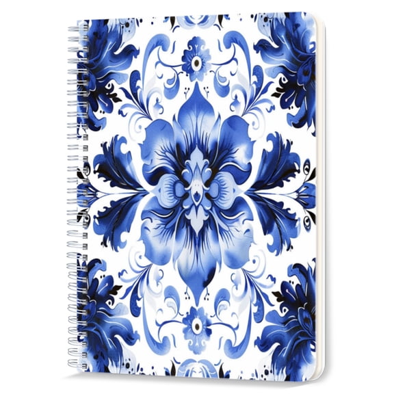 Spiral Notebook,Double-Wire Spiral College Lined Journal Notebook for Study and Notes,100 Pages,5.71x 8.26 in - Elegant Blue and White Floral Pattern