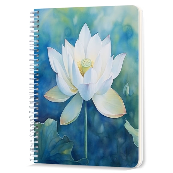 Spiral Notebook,Double-Wire Spiral College Lined Journal Notebook for Study and Notes,100 Pages,5.71x 8.26 in - Ethereal White Lotus in Blue Hues