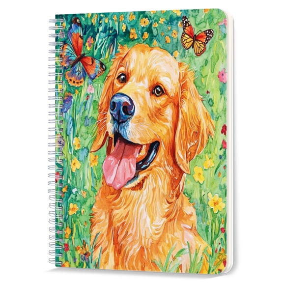 Spiral Notebook,Double-Wire Spiral College Lined Journal Notebook for Study and Notes,100 Pages,5.71x 8.26 in - Golden Retriever in a Floral Paradise