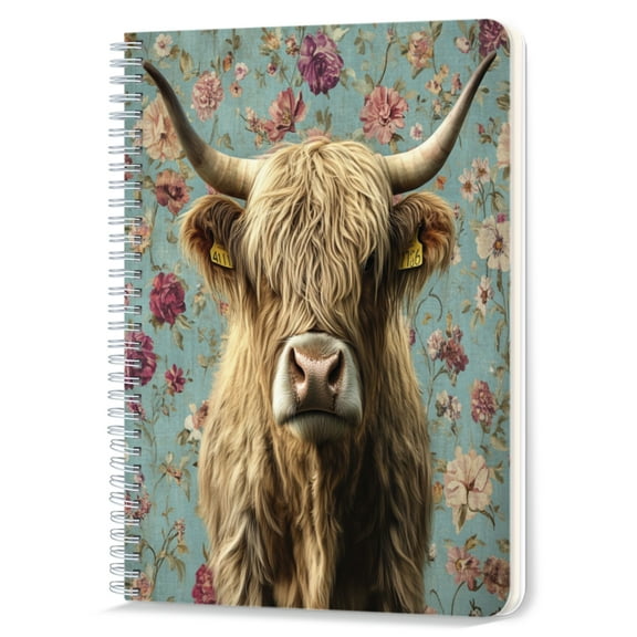 Spiral Notebook,Double-Wire Spiral College Lined Journal Notebook for Study and Notes,100 Pages,5.71x 8.26 in - Highland Cow with Floral Backdrop