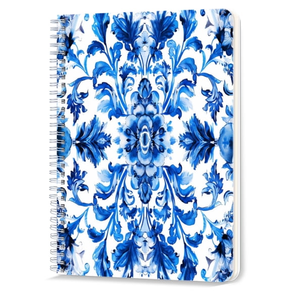 Spiral Notebook,Double-Wire Spiral College Lined Journal Notebook for Study and Notes,100 Pages,5.71x 8.26 in - Intricate Blue Floral Mosaic on White