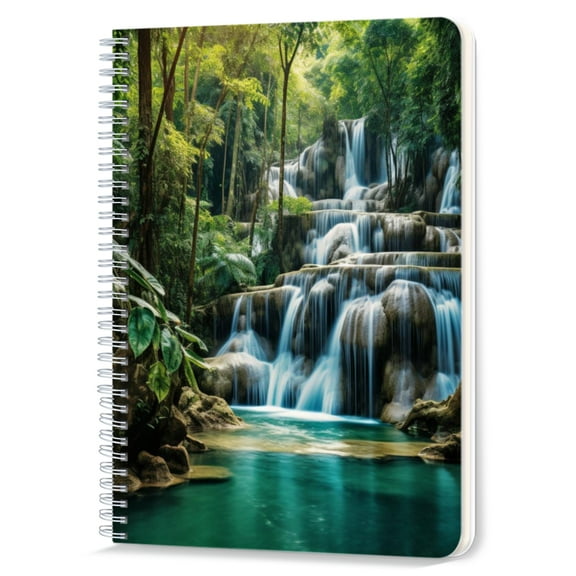 Spiral Notebook,Double-Wire Spiral College Lined Journal Notebook for Study and Notes,100 Pages,5.71x 8.26 in - Lush Forest Waterfall Scene