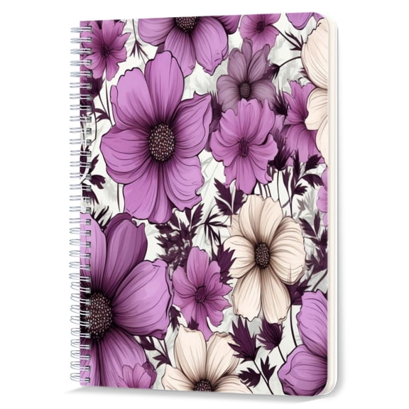 Spiral Notebook,Double-Wire Spiral College Lined Journal Notebook for Study and Notes,100 Pages,5.71x 8.26 in - Purple and Cream Flower Pattern