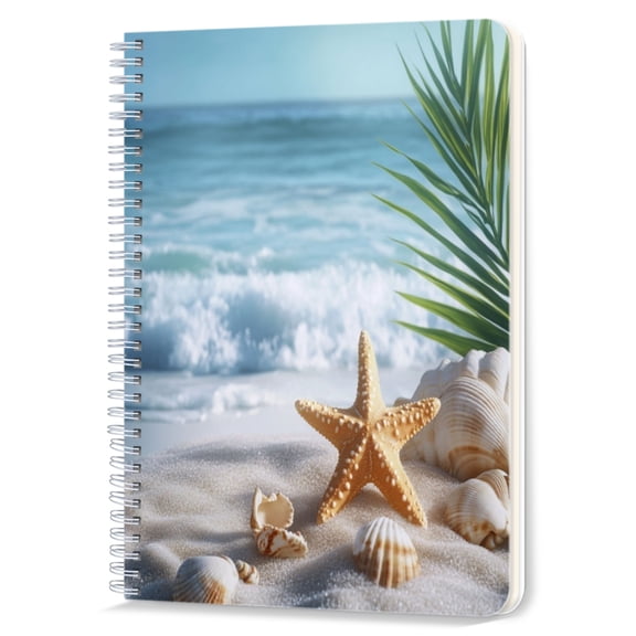 Spiral Notebook,Double-Wire Spiral College Lined Journal Notebook for Study and Notes,100 Pages,5.71x 8.26 in - Seashells and Starfish on Sandy Beach