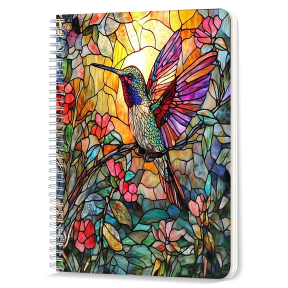 Spiral Notebook,Double-Wire Spiral College Lined Journal Notebook for Study and Notes,100 Pages,5.71x 8.26 in - Stained - glass Hummingbird on Branch