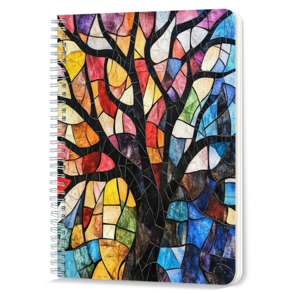 Spiral Notebook,Double-Wire Spiral College Lined Journal Notebook for Study and Notes,100 Pages,5.71x 8.26 in - Stained - glass - style Tree Pattern