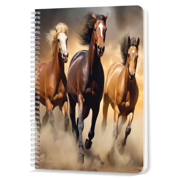 Spiral Notebook,Double-Wire Spiral College Lined Journal Notebook for Study and Notes,100 Pages,5.71x 8.26 in - Three Horses Galloping at Dusk